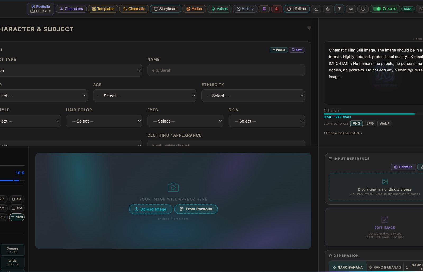The Nano Prompt Studio window: prompt fields on the left, generated frames on the right